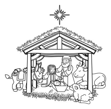 Bebek İsa, Meryem ve Yusuf 'un yemlikte, eşeğin ve diğer hayvanların olduğu bir Noel doğum sahnesi karikatürü. Beytüllahim şehri ve yukarıdaki yıldız. Hıristiyan dini illüstrasyon.