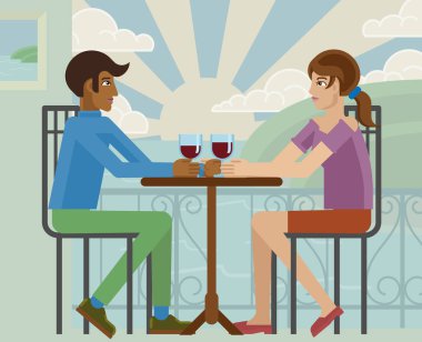 Genç bir çift ya da arkadaşlar deniz kenarındaki bir lokantada şarap içiyorlar.