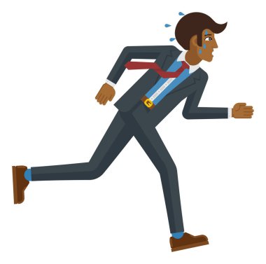 Stresli ve yorgun görünen bir iş adamı iş yüküne yetişmek ya da rekabet etmek için elinden geldiğince hızlı koşar. Düz modern çizgi film tarzında iş konsepti çizimi