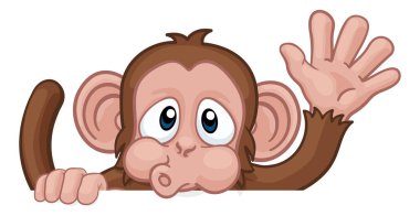 A monkey cartoon character animal peeking over a sign and waving clipart