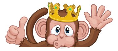 A monkey king cartoon character animal wearing a crown peeking over a sign and waving giving a thumbs up clipart