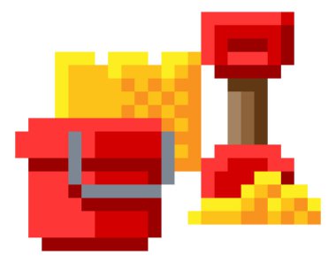 Piksel 8 bit video oyunu sanat tarzında bir kova ve kürek kumdan kale simgesi