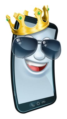 A mobile phone cartoon character mascot wearing a gold king crown and cool shades or sunglasses