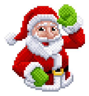 Mutlu Noel Baba Noel karakteri 8 bit piksel resim oyunu tarzında el sallıyor.