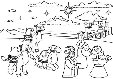 Üç bilge adam ya da büyücü ve develerinin hediyeleriyle geldikleri bir Noel doğum sahnesi boyama karikatürü. Beytüllahim şehri ve yukarıdaki yıldız. Hıristiyan dini illüstrasyon.