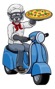 Bir kurt pizza şefi maskot Scooter 'la yemek getiriyor.