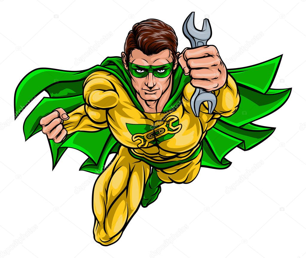 A super mechanic hero or plumber superhero holding a wrench or spanner
