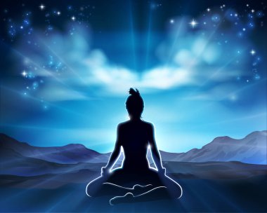 Yoga yapan ya da pilates yapan bir kadın, arka plan kavramının arkasında güneşin doğuşuyla siluette poz verir.