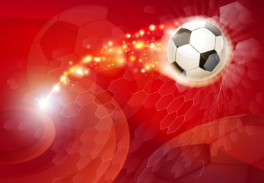 A soccer football silhouette abstract red background with ball smashing through a net clipart