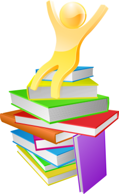 Okumak eğlenceli bir kavramdır. Altın bir adamın kitap yığınının üzerinde oturup sevinçle kollarını kaldırması.