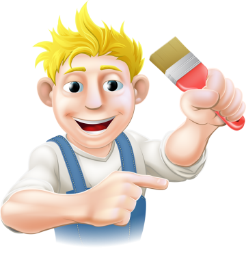 Çizgi film ressamı ya da dekoratör elinde fırça tutuyor ve parmağıyla işaret ediyor.