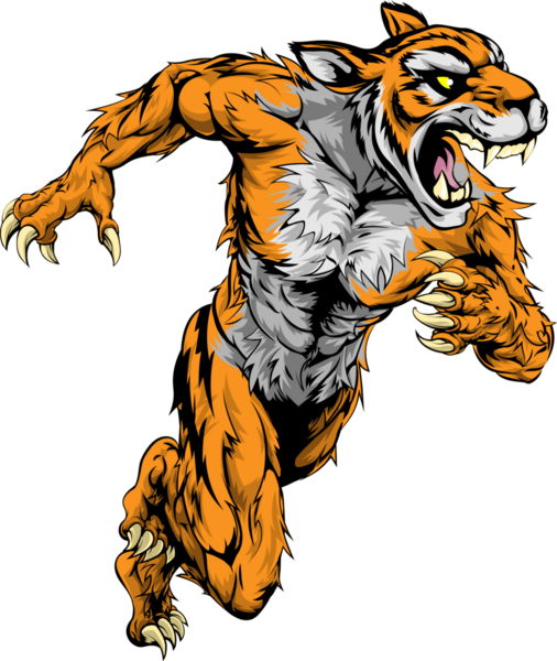 Персонаж человека-тигра или спортивный талисман зарядки, бега или бега