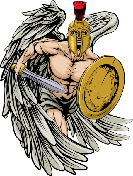 Иллюстрация ангела-воина или спортивного талисмана в шлеме трояна или спартанского стиля с мечом и щитом