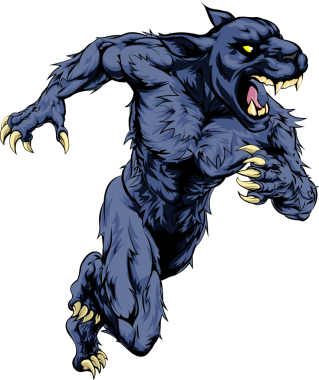 Panter adam karakteri ya da spor maskotu saldırıyor, koşuyor ya da koşuyor