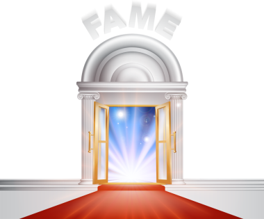 Şöhret kapı kavramı sütunlarla fantastik bir beyaz mermer kapı ve bir kırmızı halı ışık içinden akarsu ile.