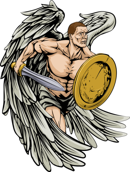 Иллюстрация ангела-воина или спортивного талисмана, держащего меч и щит