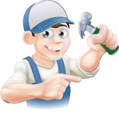 Bir çizgi film marangoz veya diğer inşaat işçisi işaret ve pençe çekiç tutma