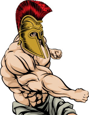Sert, kaslı bir Spartalı maskot karakteri yumrukluyor.