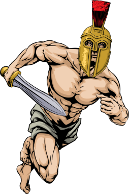 Bir savaşçı ya da gladyatör karakteri ya da bir trojan ya da Sparta tarzı miğferde kılıç tutan bir spor maskotu.