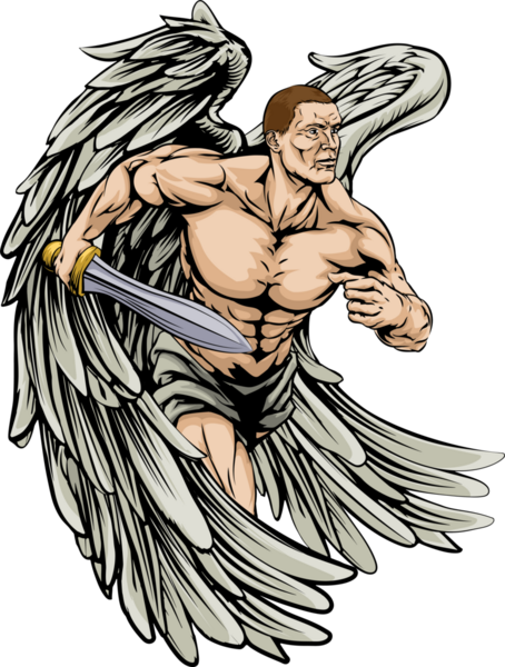 Иллюстрация ангела-воина или спортивного талисмана с большими крыльями, держащего меч