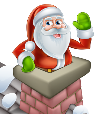 Santa bir baca yığın dışarı geliyor ve Noel'de sallayarak karlı bir çatı üzerinde.