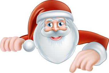 Bir tabelayı işaret eden şirin bir Noel Baba çizgi filminin çizimi
