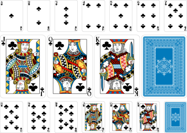 Yeni oyun kartı tasarımından bir kart. Güvertenin tersinde iç içe geçmiş takım elbiseli semboller var. Sayılar ve harfler için yazı tipi bile oluşturuldu özellikle bu yeni deste için.. 