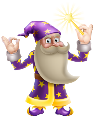 Bir sorun veya mükemmel jest yapıyor ve bir sihirli değnek sallayarak bir çizgi film Sihirbazı karakteri bir illüstrasyon