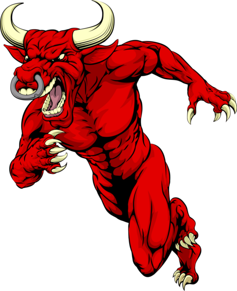 Иллюстрация грубоватого спортивного талисмана красного быка, бегущего