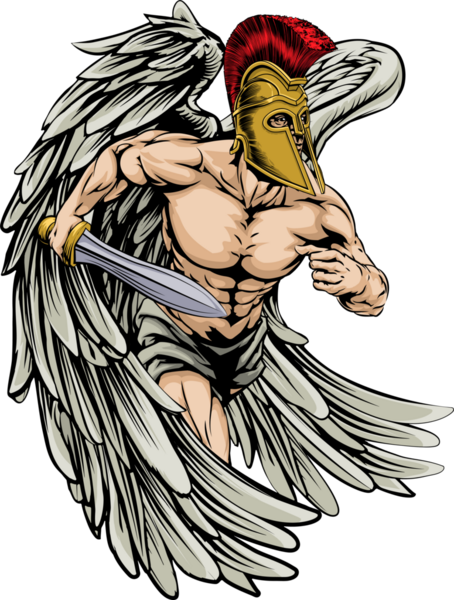 Иллюстрация ангела-воина или спортивного талисмана с большими крыльями в шлеме трояна или спартанского стиля, держащего меч
