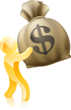 Üzerinde dolar işareti olan dev bir para kesesini tutan altın maskotu.