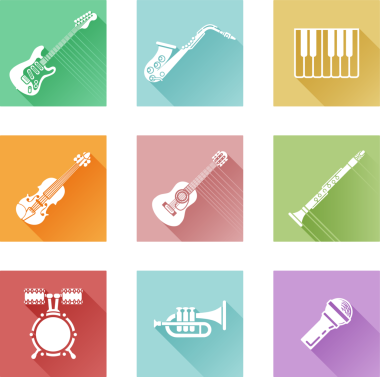 Klarnet, gitar, piyano ve daha birçok için kapsayan enstrüman müzik simgeleri