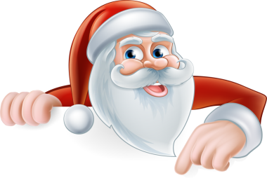 Bir tabelayı işaret eden şirin bir Noel Baba çizgi filminin çizimi