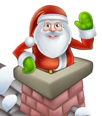 Noel Baba 'nın karlı bir çatıda bacadan fırlayıp Noel' de el salladığı bir tasviri..