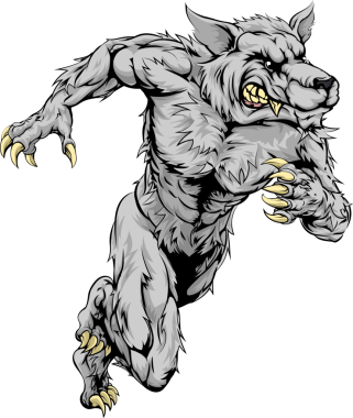 Kurt adam karakteri ya da spor maskotu saldırıyor, koşuyor ya da koşuyor.