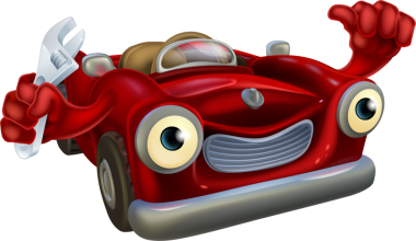 Karikatür cabrio kırmızı klasik spor araba oto tamir garaj mekanik karakter bir anahtar tutan ve jest kadar bir başparmak veren