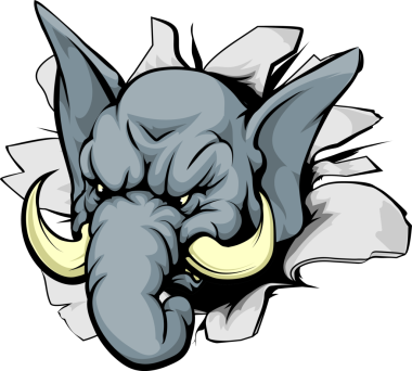 Zalim görünüşlü bir fil hayvan maskotu duvarı yıkıyor.