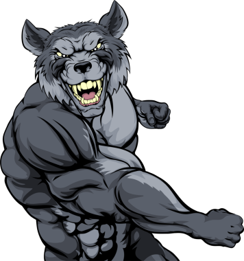 Sert, kaslı kurt karakteri ya da spor maskotu yumrukla yumruk atıyor.