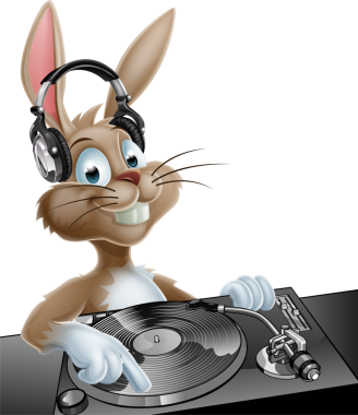 Bir sevimli bir örnek çizgi film Paskalya Bunny Dj kulaklık ile güverte, Tarih