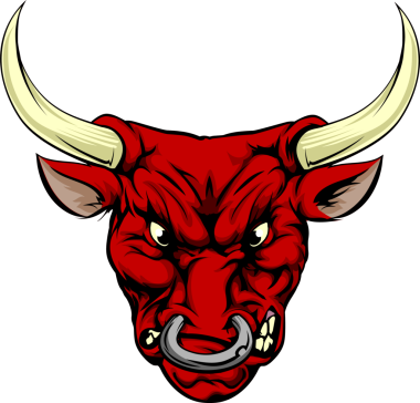 Kızgın bir kırmızı boğa maskotu resmi.