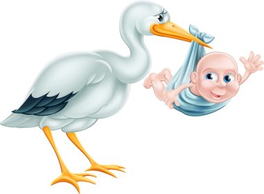 Yeni doğmuş bir bebeği tutan leyleğin çizimi. Hamilelik ya da çocuk doğumu için klasik metafor.