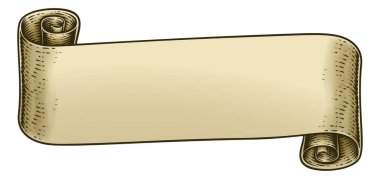 Eski moda tahta kesim tarzında bir parşömen kağıdı kurdelesi çizimi