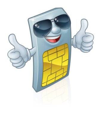 Bir cep telefonu sim kartı çizgi film karakteri maskotu havalı gözlükler takıyor ya da güneş gözlüğü takıyor..