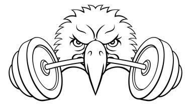 Bir kartal başlı halter ağırlık kaldıran spor salonu maskotu.