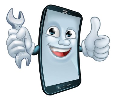 Cep telefonu onarım servisi ya da tamirci ya da tamirci olabilir. Çizgi film karakteri maskotu elinde anahtarla baş parmak işareti yapıyor..