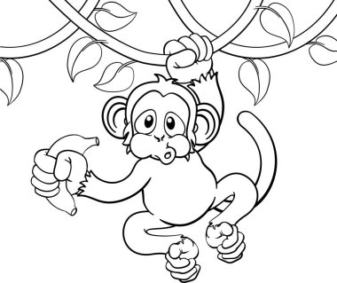 A monkey cartoon character singing on jungle vines with banana
