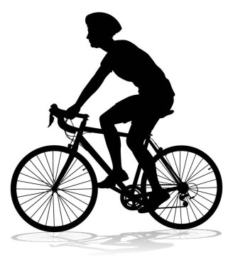 Bisikletçi bisiklete biniyor ve siluette güvenlik kaskı takıyor.