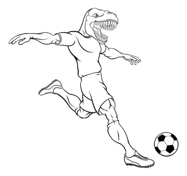 Dinozor T-Rex ya da futbol oyuncusu çizgi film kahramanı hayvan spor maskotu topa vuruyor.