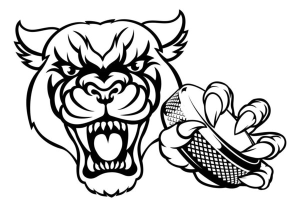 A panther ice hockey player animal sports mascot holding a puck