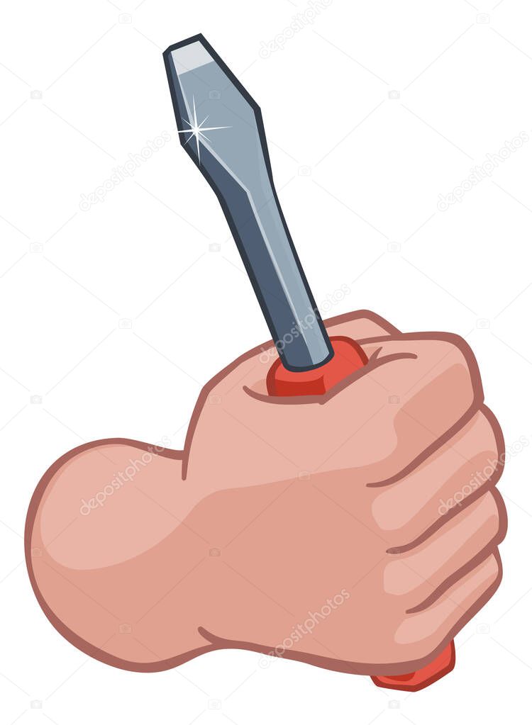 An electrician or handyman cartoon hand in a fist holding a screwdriver